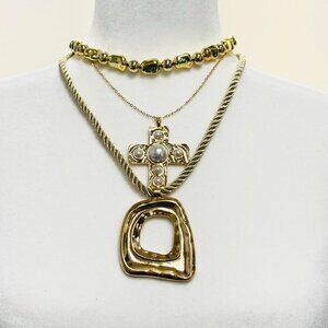 Y2K 2000s style 3 pcs set Gold tone cross pendant necklace with pearl accents